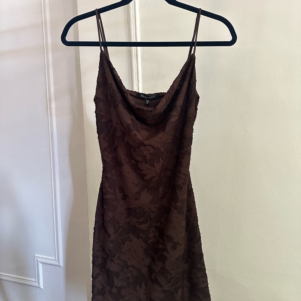 Brown Sheath Lace Mini Dress with Cowl Neck and Spaghetti Straps